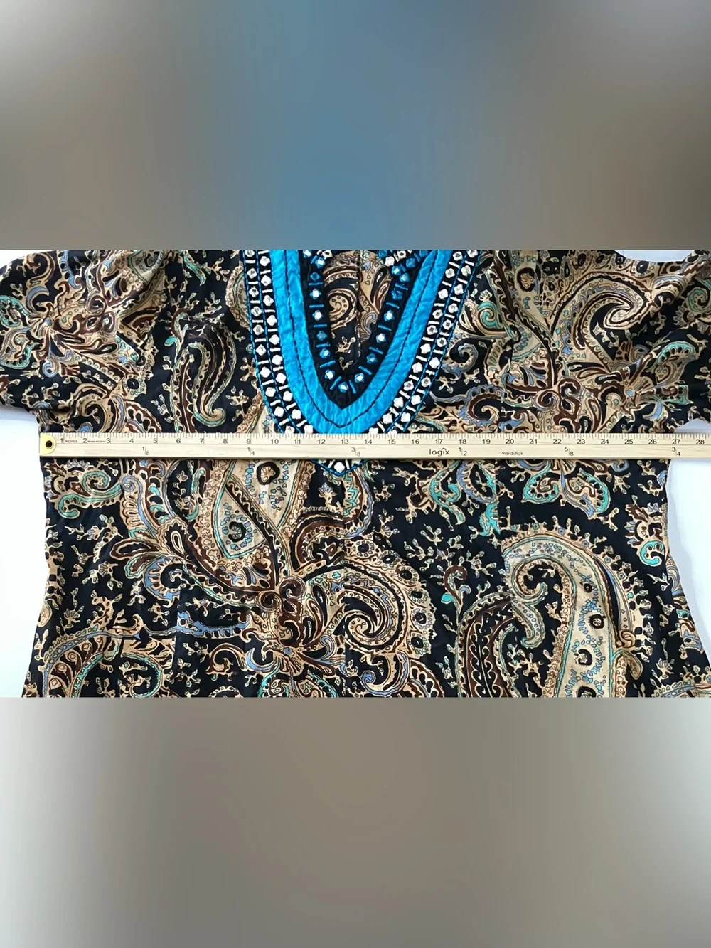 Soft Surroundings Tunic Top Aubrey 2X Blue Black Paisley V-Neck Boho Embroidered - Picture 11 of 12
